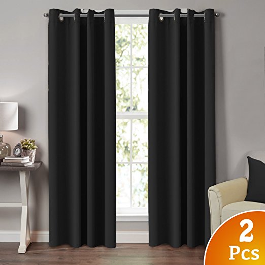 Turquoize 100% Full Blackout Room Darkening Thermal Curtain Grommet Panels For Bedroom - Energy Efficient, Complete Darkness, Noise Reducing - Set of 2(52" W x 84" L, Black)