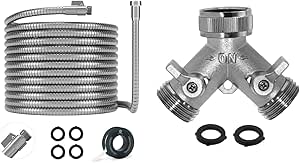 Morvat Heavy Duty 150 Foot Stainless Steel Garden Hose Set Plus Nickel Plated Brass 2 Way Y Splitter