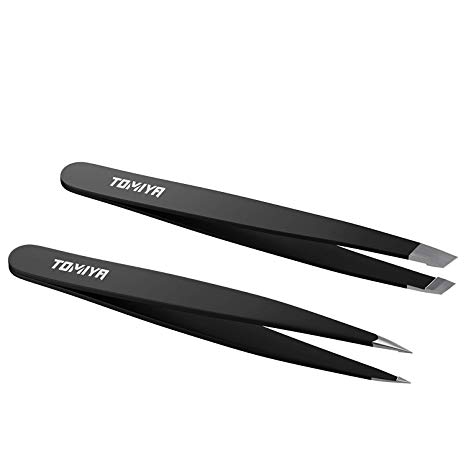 Reazeal-Stainless Steel Professional/Precision Tweezers 2-Piece Slant and Pointed tips (black)