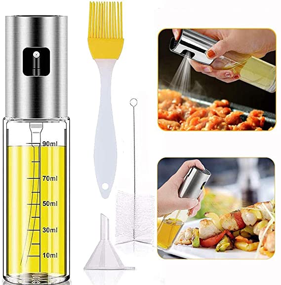 Olive Oil Sprayer for Cooking, 4 IN 1 Oil Dispenser Mister with Basting Brush,Bottle Brush and oil Funnel, Refillable Oil and Vinegar Dispenser Glass Bottle 100ml for BBQ Baking Roasting Frying Making