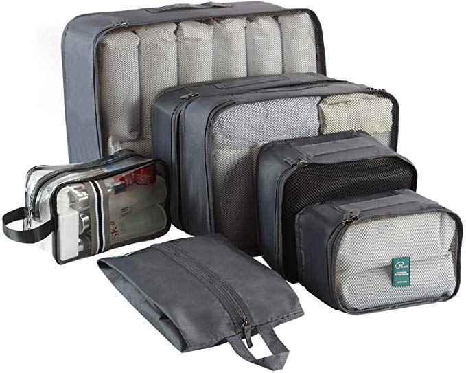 7 Set Packing Cubes-Large Capacity XL/L/M/S Bigger and Deeper Travel Luggage Organizers with Shoe Bag & Toiletry bag-Grey