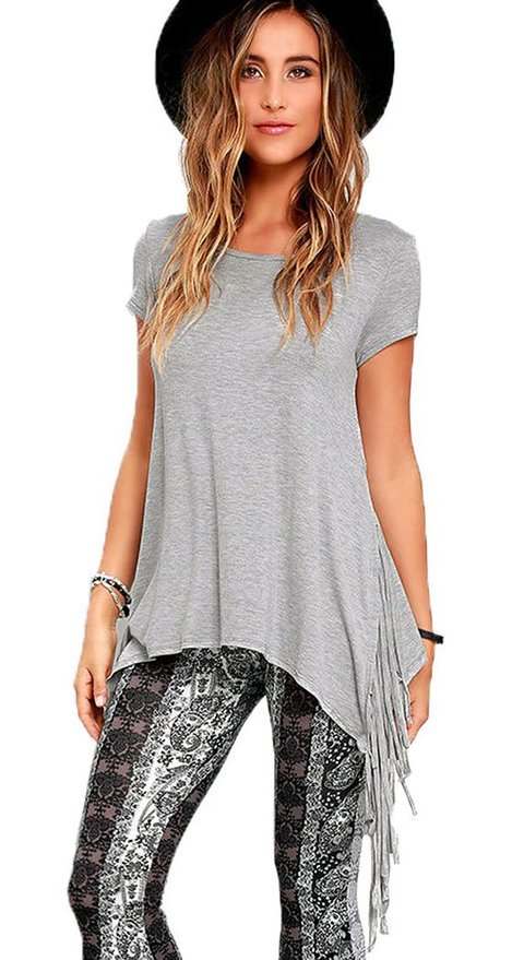 Oops Style Womens Pullover Side Fringe Short Sleeve Tunic Top