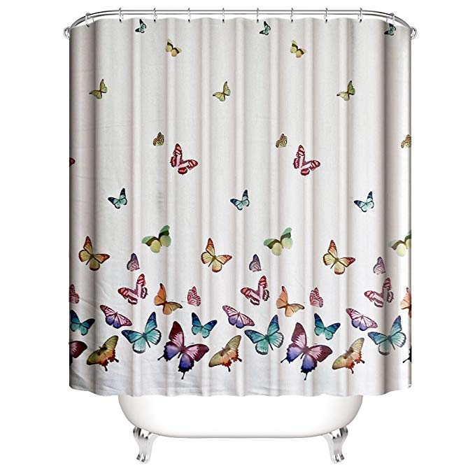 Muuyi Spring Summer Butterflies Shower Curtain Set, Polyester Fabric Waterproof Shower Curtains for Bathroom with 12 Ring Hooks - 72×72 inch