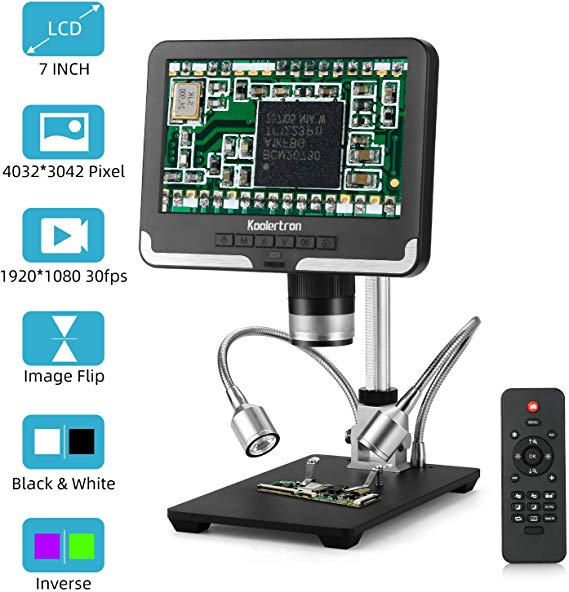 7 inch LCD Digital USB Microscope Angle Adjustable with Remote Control,Koolertron 12MP 1920x1080 30fps Video Recorder Image Flip/Reverse Color/Black & White for Circuit Board Repair Soldering PCB Coin