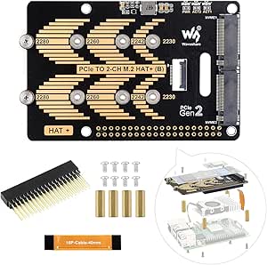 Waveshare PCIe to 2-CH M.2 HAT, Compatible with Raspberry Pi 5, Support M.2 NVMe Solid State Drive 2230 2242 2280, High-Speed Reading/Writing