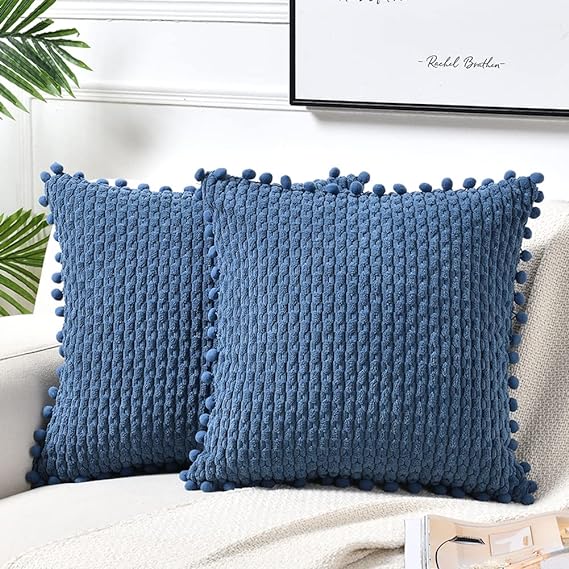 Fancy Homi Set of 2 Dusty Blue Decorative Throw Pillow Covers 18x18 Inch with Pom-poms for Couch Bed Sofa, Rustic Farmhouse Boho Home Decor, Soft Plush Corduroy Cute Cushion Case 45x45 cm