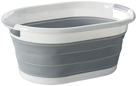 Homz Oval, White and Grey Collapsible Plastic Laundry Basket,