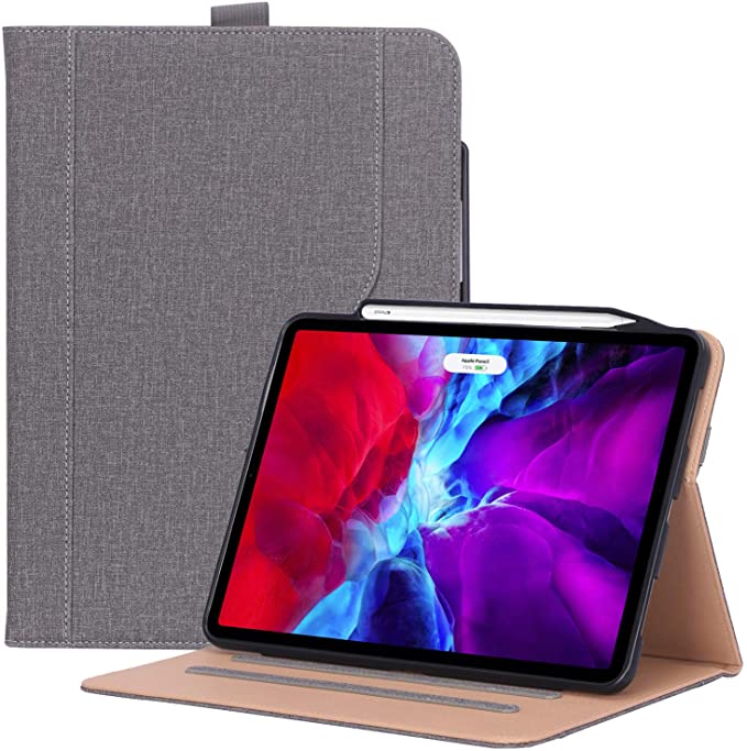 ProCase iPad Pro 12.9 Case 4th Gen 2020 / 3rd Gen 2018, Leather Stand Folio Cover Case with Pencil Holder & Strap [Support Apple Pencil 2 Charging] for iPad Pro 12.9 4th Gen 2020 / 3rd Gen 2018 –Grey