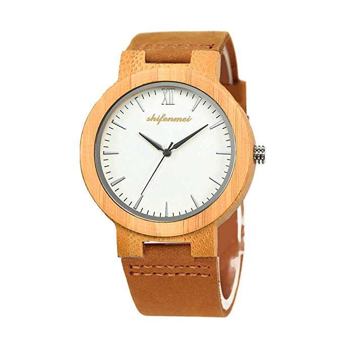 Bamboo Watches, shifenmei S5512 Miyota 2035 Quartz Lightweight Bamboo Wood Watches Genuine Leather Strap Analog Handmade Casual Wood Watch for Unisex with Gift Box