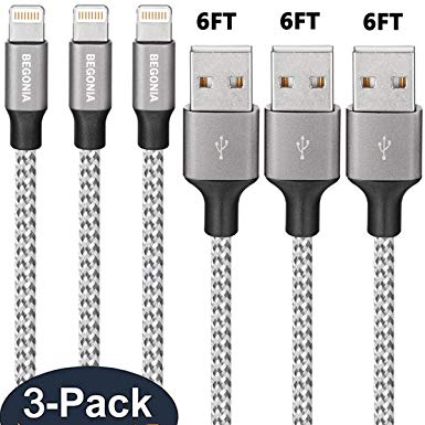 Lightning Cable,Begonia 3PACK 6FT Nylon Braided Charging Cable Cord Iphone Charger Compatible with iPhone X/iPhone 8/8 Plus/7/7 Plus/6/6s/6 plus/6s plus/5s/5c, iPad, iPod and More (White)