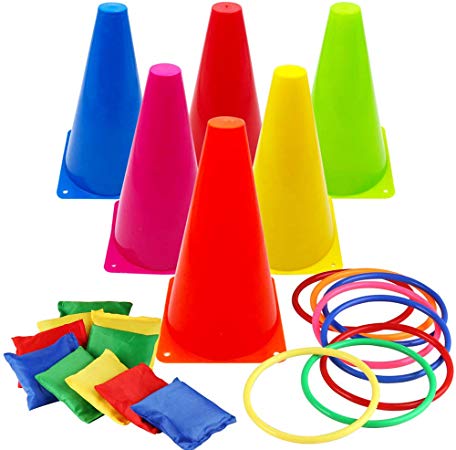 Asecinc 3 in 1 Carnival Games Set, Soft Plastic Cones Cornhole Bean Bags Ring Toss Games for Carnival Kids Birthday Party Indoor Outdoor Games Supplies