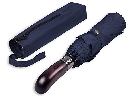(Designed in UK) Balios® Travel Umbrella—Real Wood Handle—Auto Open & Close—Vented Windproof Double Canopy—Men's & Ladies