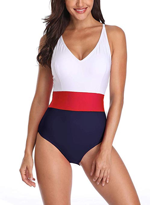 Taylover Womens Color Block One Piece Swimsuits Retro High Waited one Piece Swimsuit Bathing Suits