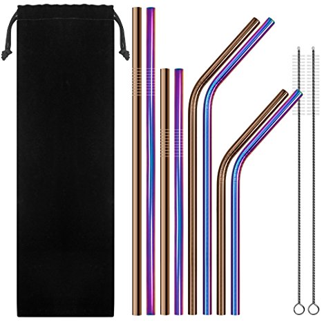 Set of 8 Stainless Steel Drinking Straws, SENHAI 6 mm Metal Bent and Straight Straws for 20 30 Oz RTIC Tumbler Yeti or Ozark Trail Ramblers Cups, with 2 Cleaning Brushes - Colorful, Rose Gold