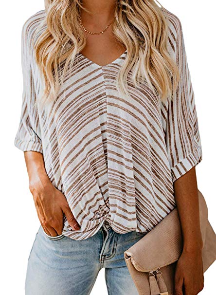 FARYSAYS Women's Summer Striped Short Sleeve V Neck Twist Knot Casual T-Shirt Tops Loose Blouse