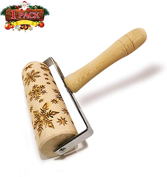 Hand-held Embossed Rolling Pins Christmas Wooden Hand Grip Engraved Rolling Pin for Baking Non-stick Embossed Professional Dough Roller for Cookies with Patterns for Kids and Adults (Snowflake)