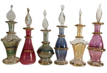 Kemet Art LOT / Set of 12 Mouth Blown Egyptian Perfume Bottles Pyrex Glass