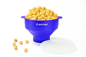 JustNile Collapsible Microwave Popcorn Popper with Bonus Recipe Book, Silicone Popcorn Maker for Healthy, Irresistible, Homemade Popcorn on Movie Night, or Any Night, 100% Free of BPA and PVC - Blue