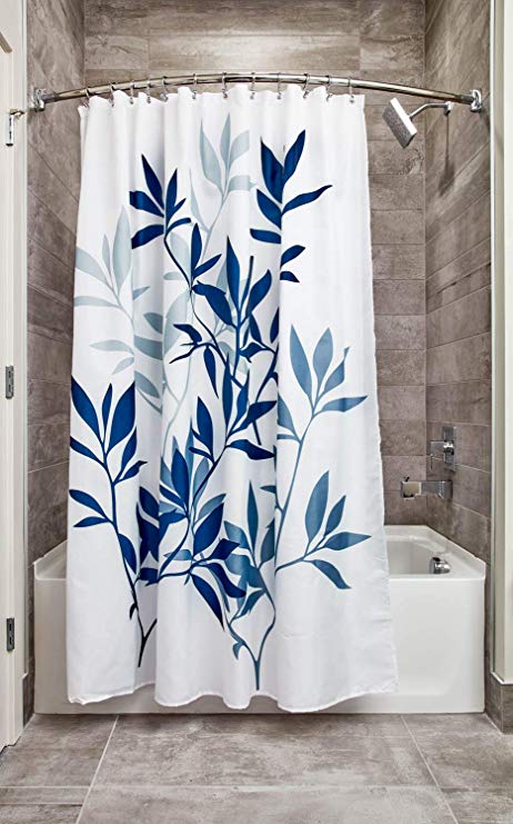 InterDesign Leaves Fabric Shower, Modern Mildew-Resistant Bath Curtain for Master, Kid's, Guest Bathroom, 72 x 72 Inches White and Blue