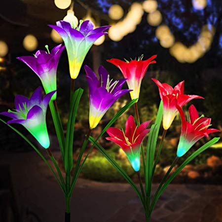 Outdoor Solar Garden Stake Lights Upgraded 2 Pack Solar Flower Lights with 8 Lily Flower,Multi-Color Changing LED Solar Powered Lights for Patio,Yard Decoration,Bigger Flower and Wider Solar Panel