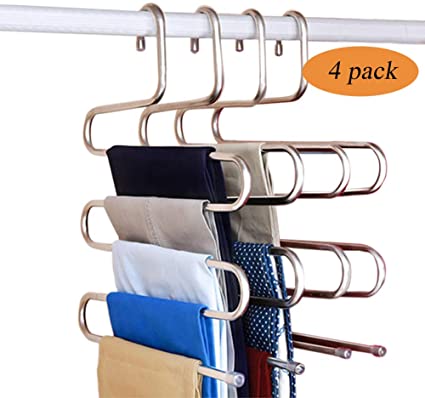 Fashion Easy Pants Hangers S-Shape Trousers Hangers Stainless Steel Closet Organization Space Saving for Pants Jeans Scarf Ties Towels (4 Pack)