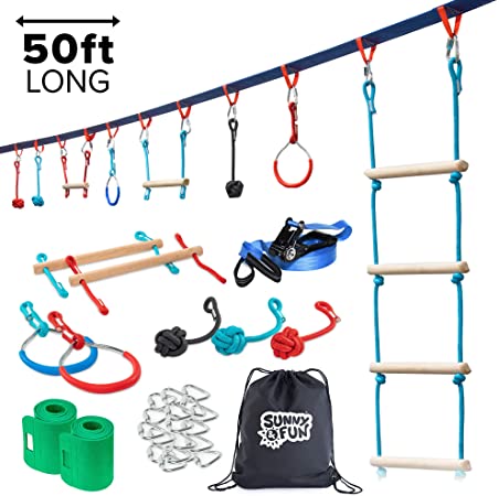 Portable 50 Foot Ninja Slackline Monkey Bar & Ladder Kit – Kids Gym Swinging Obstacle Course Set - Warrior Training Bars, Fists, Gymnastics Rings - Carry Bag & Tree Protectors