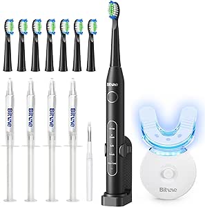 Bitvae D2 Black Ultrasonic Electric Toothbrush Bundle & Teeth Whitening Kit Bundle, Electric Toothbrush with 8 Brush Heads, Teeth Whitening Light with 4 Gel