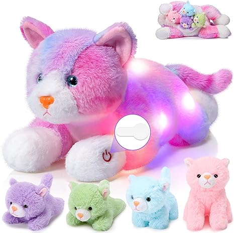 Skylety 5 Pieces Stuffed Animal Plush Cat Set Include Large Soft Cuddly with 4 Cute Fluffy Kittens in Mommy Cat's Belly Nurturing Huggable Sleeping Birthday Gifts (Colorful) (Skylety- Bears-9630)