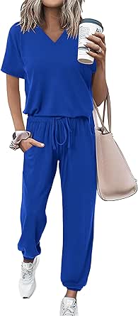 MASCOMODA Womens 2 Piece Outfits Summer Casual V Neck Short Sleeve Tops Long Pants Tracksuit Lounge Jogger Set with Pockets