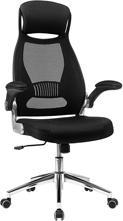 Office Swivel Chair Mesh Backrest with Headrest and Flip up Armrests Black OBN86BK