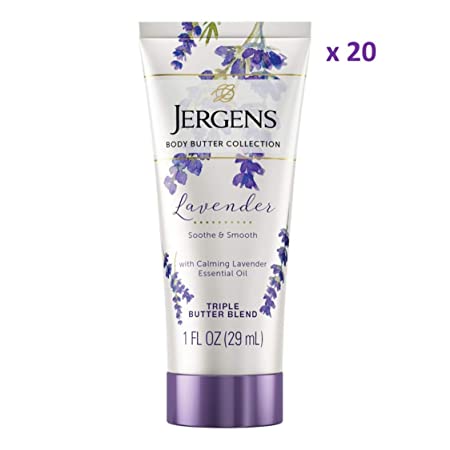 Jergens Lavender Body Butter Moisturizer, 20-pack, 1 Ounce Travel Lotion, with Essential Oil, for Indulgent Moisturization