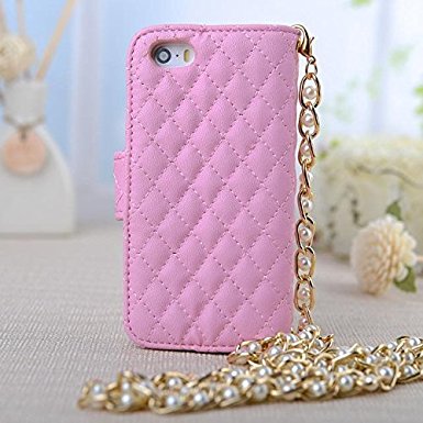 DeeXop Multi-purpose Fashion Diamond Lattice Cellphone Pouch Filio Flip PU Iphone 5 5s Leather Case,Wallet Cover for Apple iPhone 5 5s 5g with Multiple ID Card Holders&Bling Flower Desig, Pink