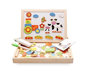 BIBNice Educational Toy Magnetic Animals Puzzle Double Face Jigsaw& Drawing Easel Wooden Dry Erase Board For Kids,100 Pcs(Farm)
