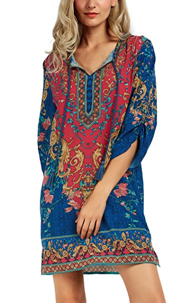 Women Bohemian Neck Tie Vintage Printed Ethnic Style Summer Shift Dress