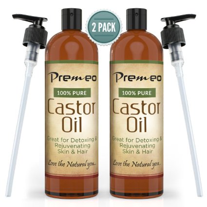 Premeo Castor Oil 16 oz. 2-PACK Premium Cold Pressed 100% Pure, Hexane Free Moisturizer for Skin & Hair, Eyelashes (2 x 16 oz)