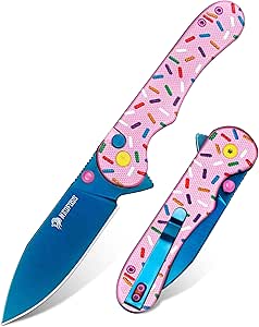 NedFoss DONUT Pocket Knife for Women, 2.96" Blade Pink EDC Knife, 14C28N Steel Button Lock Knife, Unique Donut Design G10 Handle Folding Utility Knife for Mothers Day Gift