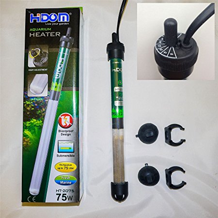 Hidom HT-2075 Submersible Blastproof Aquarium Heater 75w with FREE THERMOMETER - Max Tank Size 75 Litres
