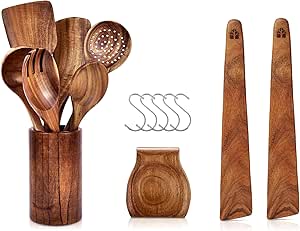 Wooden Spatulas & Wooden Spoons for Cooking – Wooden Utensil Set with Holder, Spoon Rest & Hooks – Spatulas Perfect for Flipping, Serving, Scraping & Turning