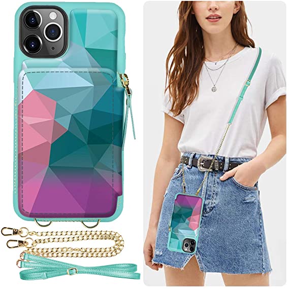 iPhone 11 Pro Wallet Case, ZVE iPhone 11 Pro Credit Card Holder Case with Crossbody Chain Handbag Purse Wrist Strap Zipper Leather Case Protective Cover for Apple iPhone 11 Pro 5.8 inch - Diamond
