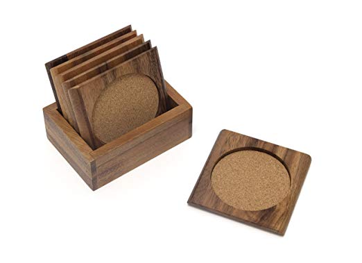 Lipper International 1035 Acacia Square with Cork Coasters and Caddy, 7-Piece Set