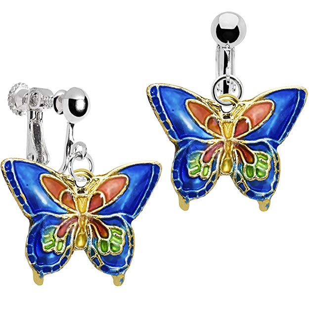 Body Candy Handcrafted Silver Plated Blue Butterfly Clip On Dangle Earrings