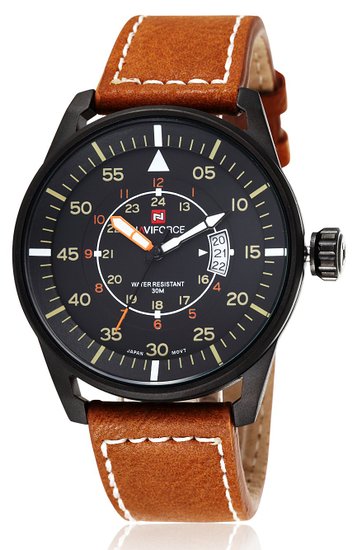 Voeons Mens Watches Luminous Hands Auto Date Brown Leather Strap Watch