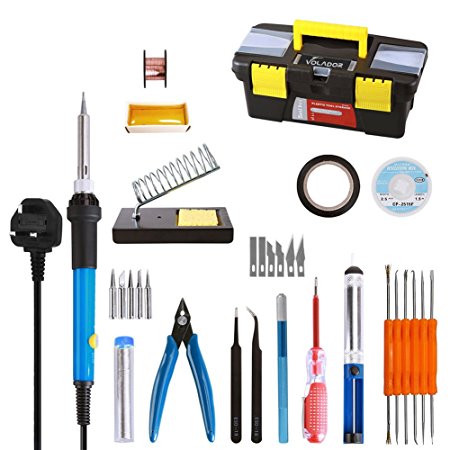 Soldering Iron Kit, Volador 31-in-1 60W Temperature Control Solder Iron, 5pcs Soldering Tips, Desoldering Pump, Tweezers, Wick, Rosin, Soldering Iron Stand with Cleaning Sponge and Tool Case