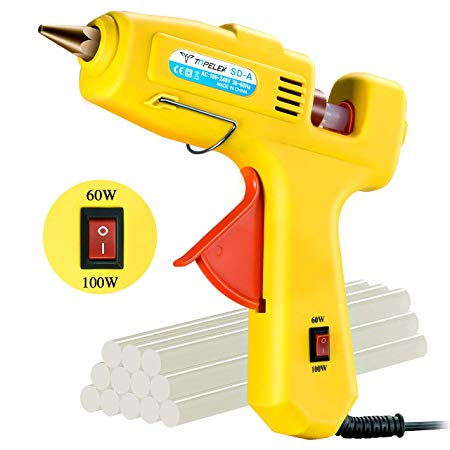 Hot Glue Gun, TOPELEK 60/100W Dual Power High Temp Heavy Duty Melt Glue Gun Kit with 12 Pcs Premium Glue Sticks, Best for DIY Crafts & Arts and Quick Repairs, Yellow