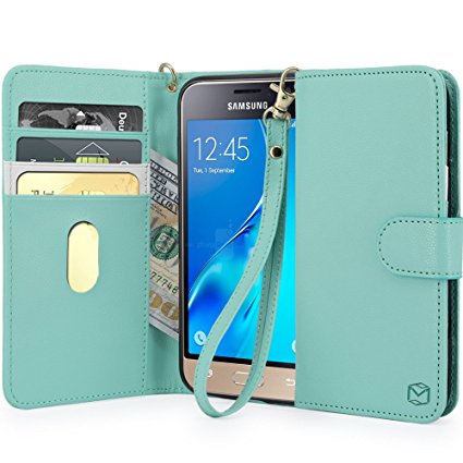 J1 2016 Case, Galaxy Amp 2 Case, Galaxy Express 3 Case, MP-MALL PU Leather Folio Flip Wallet Case Cover With Wrist Strap For Samsung Galaxy J1 2016 / Amp 2 / Express 3 (Mint)