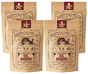Righteous Felon Beef Jerky - OG Hickory Flavor Gluten-Free Snacks - All-Natural, Locally Sourced & Dried Beef Jerky - Low-Sugar, High-Protein, Healthy Snacks - 2 Ounces Each, Pack of 4