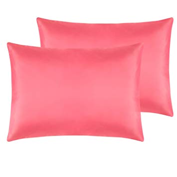 NTBAY Zippered Satin Pillowcases, Super Soft and Luxury Standard Pillow Cases Set of 2, 20 x 26 Inches, Coral Pink