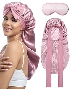 AWAYTR Long Hair Bonnet for Sleeping - Double Layer Long Elastic Tie Band Satin Bonnet for Women with Sleep Eye Mask (Rose Gold)