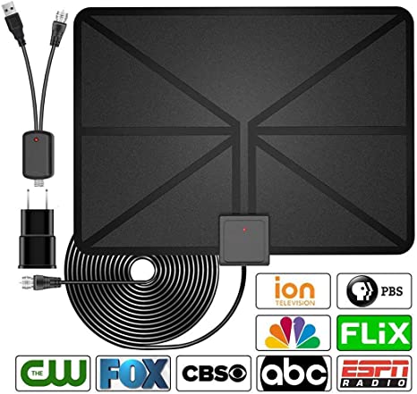 [2020 Latest] HDTV Antenna Indoor Digital TV Antenna, 60 Miles Range with Amplified Signal Booster Support 4K 1080P Freeview Channels - 13.2Ft Coaxial Cable and Power Adapter