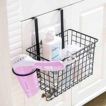 Over the Cabinet Door Black Wire Storage Basket with Hair Dryer Holder,Storage Bin for Toy Lotion Shampoo Magazine Toiletry Towel Kitchen,Space Saving Solution